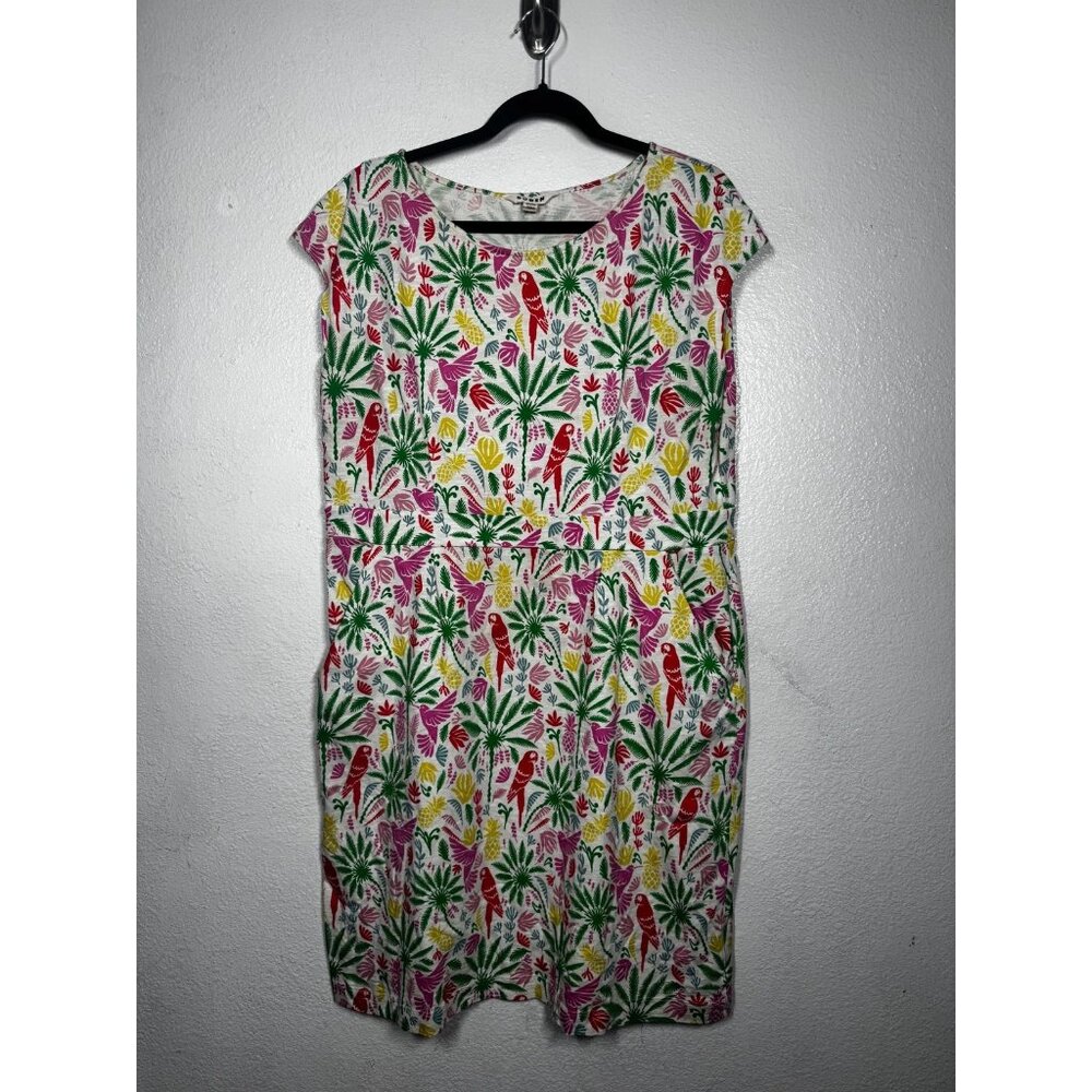 Boden Florrie Dress Green Pink Sz 16-18 Bird Cap Sleeve Jersey